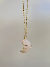 Load image into Gallery viewer, Handmade intentional conscious crystal jewellery Sydney Rose Quartz wire wrapped moon necklace