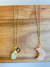 Load image into Gallery viewer, Handmade intentional conscious crystal jewellery Sydney Rose Quartz wire wrapped moon necklace