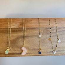 Load image into Gallery viewer, Handmade intentional conscious crystal jewellery Sydney Rose Quartz wire wrapped moon necklace