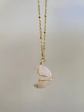 Load image into Gallery viewer, Handmade intentional conscious crystal jewellery Sydney Rose Quartz wire wrapped moon necklace