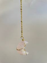 Load image into Gallery viewer, Handmade intentional conscious crystal jewellery Sydney Rose Quartz wire wrapped moon necklace