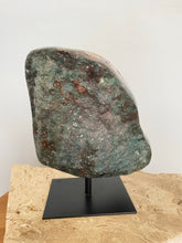 Load image into Gallery viewer, Raw Amethyst cluster with agate edge on stand