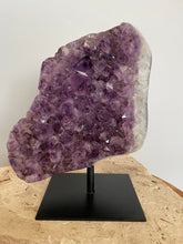 Load image into Gallery viewer, Raw Amethyst cluster with agate edge on stand