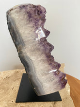 Load image into Gallery viewer, Raw Amethyst cluster with agate edge on stand