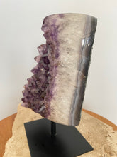 Load image into Gallery viewer, Raw Amethyst cluster with agate edge on stand