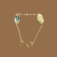 Load image into Gallery viewer, Handmade intentional conscious crystal jewellery Sydney Hamsa Prehnite Moss Agate Gold beaded Bracelet