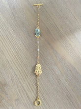 Load image into Gallery viewer, Handmade intentional conscious crystal jewellery Sydney Hamsa Prehnite Moss Agate Gold beaded Bracelet