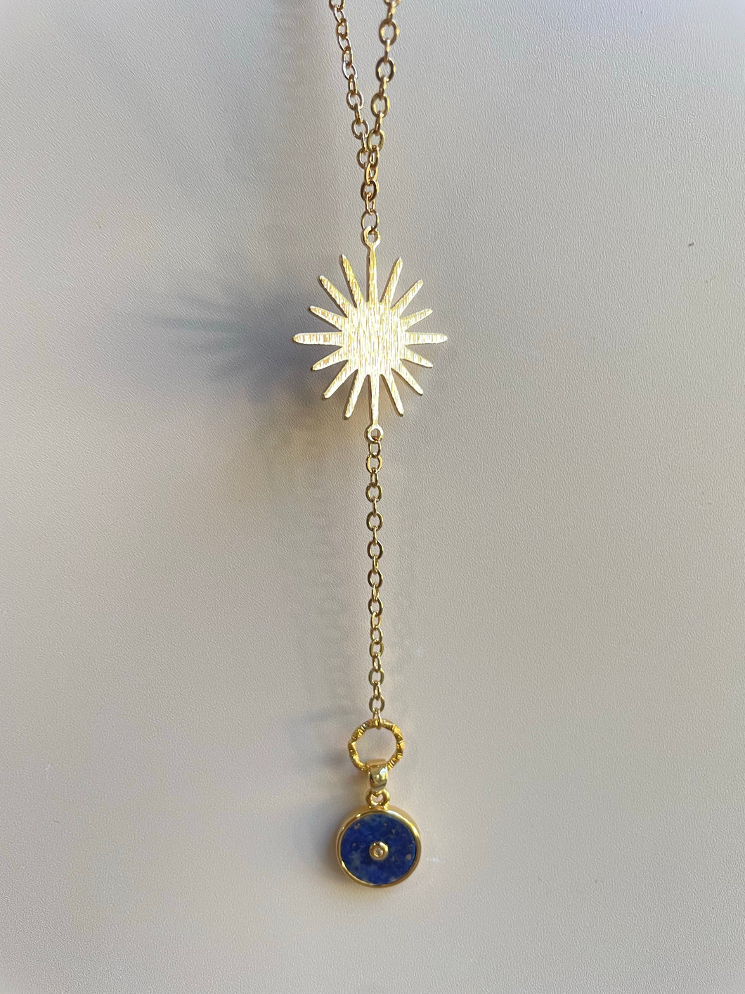 Handmade intentional conscious crystal jewellery Sydney Lapis Lazuli gold sun necklace