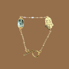 Load image into Gallery viewer, Handmade intentional conscious crystal jewellery Sydney Hamsa Prehnite Moss Agate Gold beaded Bracelet
